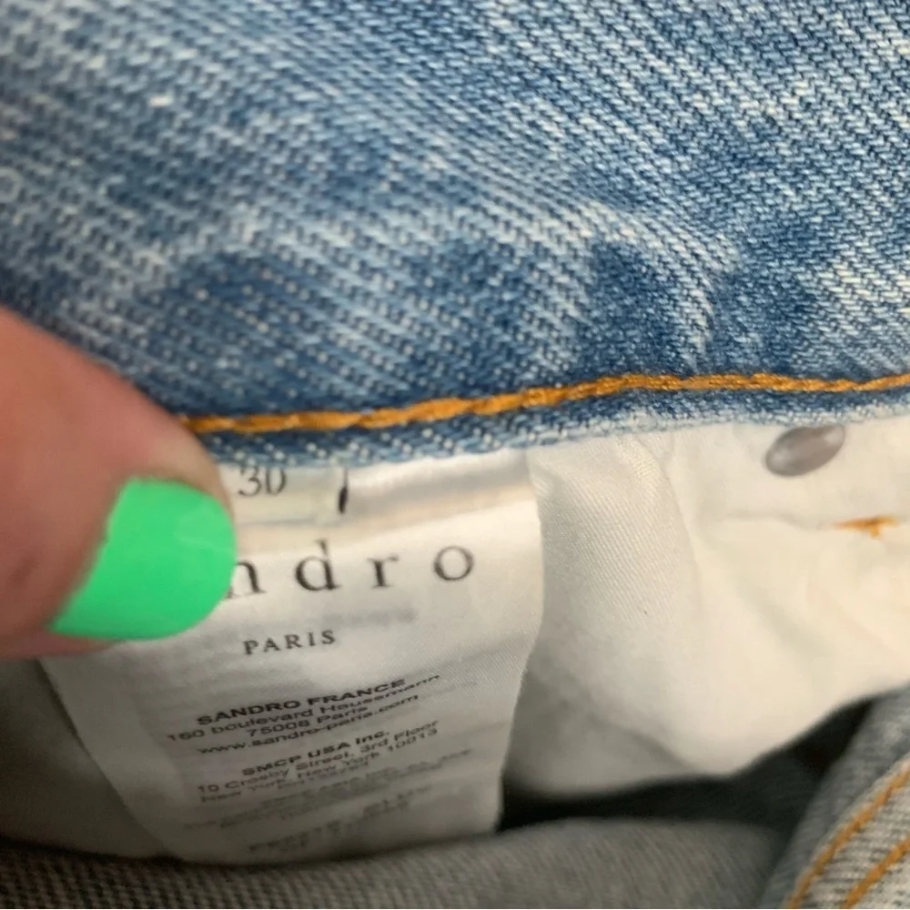 Sandro Paris womens Blue Button Long Bermuda Denim Shorts with dangly details 30